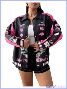 Plus Size Color Block Button Down Varsity Bomber Jacket Streetwear